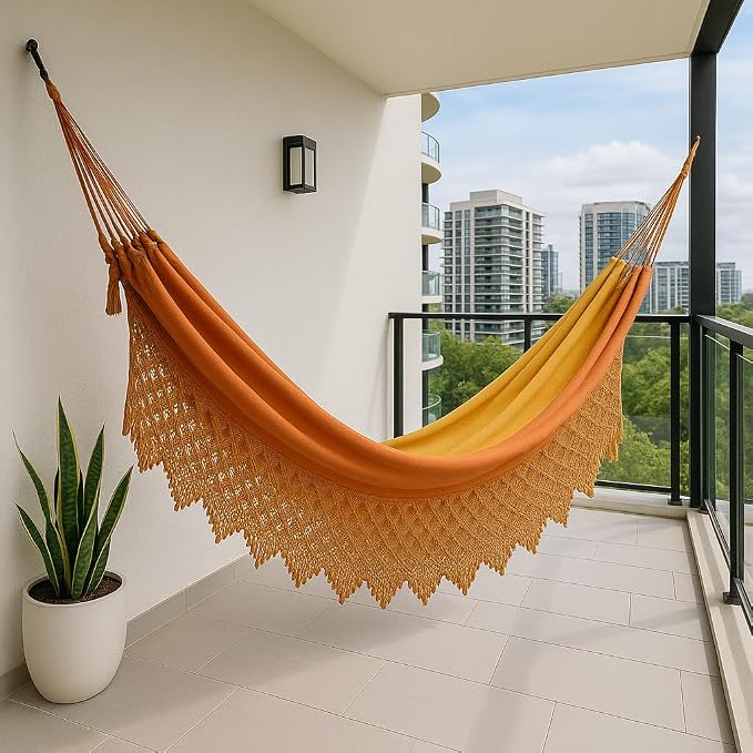Handmade Brazilian Macrame Hammock – Red, Yellow & Caramel Striped Cotton Hammocks – Indoor Boho Swing Bed – Decorative Hammock for Bedroom, Porch or Balcony