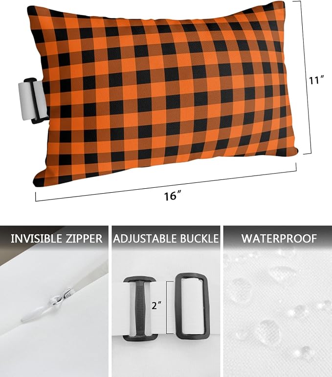 Outdoor Pillows Covers with Inserts Rustic Orange and Black Buffalo Plaid Waterproof Recliner Pillow with Adjustable Strap Throw Pillows for Patio Furniture Pool Lounge Chair, 11x16 inch, 1PCS