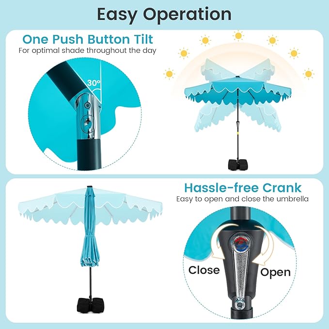 Tangkula 9 FT Solar Patio Umbrella with Base Included, 2-Tiers Outdoor Scalloped Table Umbrella with 32 LED Lights, 2 Sandbags, Tilt Adjustment, Crank, 8 Ribs for Market Backyard Pool Deck Beach Lawn