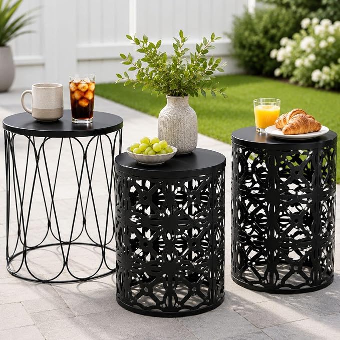 Y&M Outdoor Side Tables Set of 3, Metal Stacking Patio Side Tables for Outside, Round Indoor End Tables, Decorative Garden Stool Plant Stand for Patio Garden Balcony Porch, Black