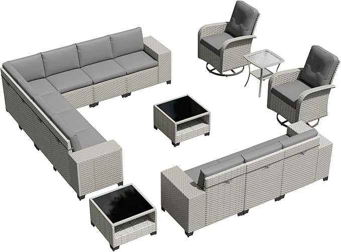15-Piece Outdoor Patio Furniture Set, Modular Sectional Sofa Set with Swivel Rocker Chairs, Wicker Outdoor Couch Conversation Sets w/Coffee Table and Cushions, Gray