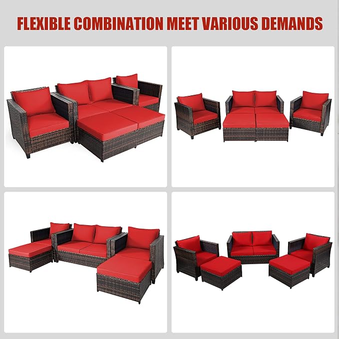 DORTALA 5-Piece Outdoor Patio Conversation Set, Loveseat and 2 Ottoman, Outdoor Sectional Rattan Sofa Set, Multifunctional Rattan Furniture Set Suitable for Home Backyard Garden Poolside Balcony, Red