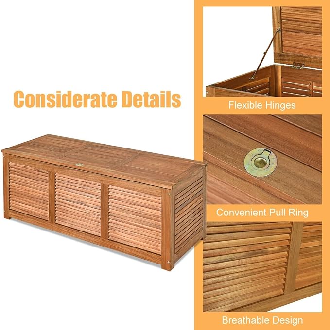 Outside Storage Deck Box Waterproof, 47 Gallon Wood Storage Bench Deck, Outdoor Patio Pool Garden Toy Slats Organization Tools with 2-3 Seating