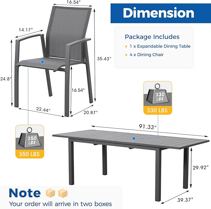 Wisteria Lane Outdoor Patio Dining Set, 5 Piece Aluminum Modern Outdoor Table and Chairs Set for 4, Metal Expandable Patio Table & 4 Stackable Textilene Chairs for Balcony Deck Backyard, Grey