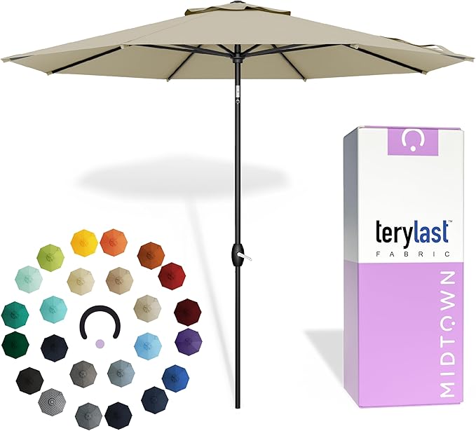 Midtown Umbrellas - 10-Year-No-Fade 6 Ft Patio Umbrella with Terylast Fabric, Auto-Tilt Aluminum Frame and 8 Reinforced Ribs for Deck, Pool, Garden & Beach - Chestnut Beige Canopy, Black Pole