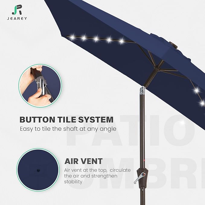 JEAREY 6.5x10 ft Rectangular LED Lighted Patio Umbrellas Outdoor Solar Table Market Umbrella w/Push Button Tilt/Crank, 6 Sturdy Ribs, UV Protection Waterproof Sunproof(Dark Blue)
