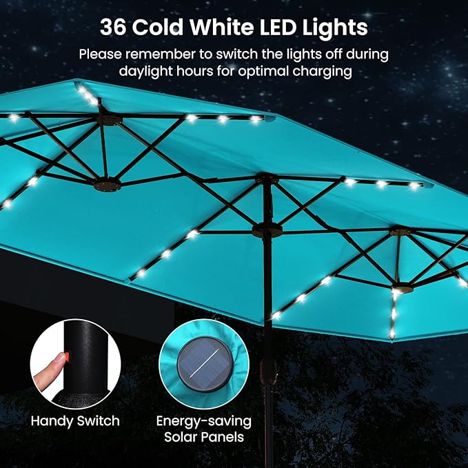 Tangkula 13FT Double-Sided Solar Patio Umbrella, Extra-Large Outdoor Twin Umbrella with 36 LED Lights, Vented Top, Crank Handle, 12 Ribs, Weighted Base Included for Backyard Poolside Deck (Turquoise)