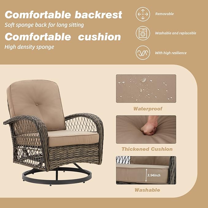EROMMY 3 Pieces Outdoor Swivel Rocker Patio Chairs, 360 Degree Rocking Patio Conversation Set with Thickened Cushions and Glass Coffee Table for Backyard, Khaki