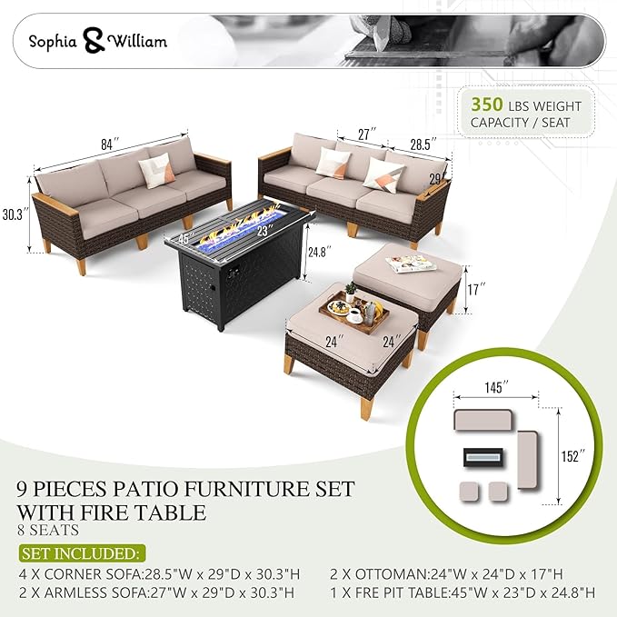 Sophia & William Outdoor Patio Furniture Set with Fire Pit Table Large & High Back 9PCS Wicker Patio Sectional Sofa Conversation Set with 45" Fire Table, Ottoman & 4" Thick Cushions,Beige