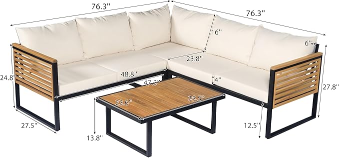Christopher Knight Home Gevin 5-Seater Acacia Wood Metal Patio Furniture Set, Outdoor Sectional Conversation Club Chair Sofa Corner Chat Set with Coffee Table for Backyard or Balcony, Teak+Beige+Black