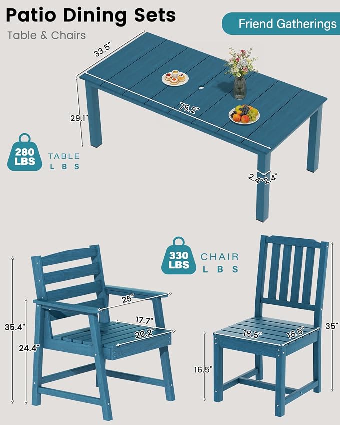 LOUNZY 9 Piece HDPE Patio Dining Set for 8, Outdoor Furniture,Navy | 75.2” table,8 person outdoor table and chairs set, fade resistant HDPE, strong structure built for backyard entertaining