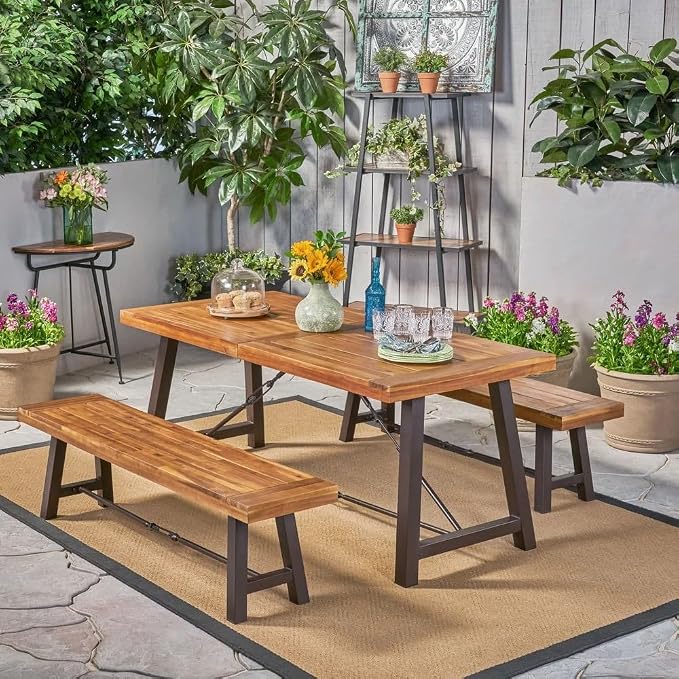 70'' Outdoor Patio Dining Table & 2 Bench for 4, Acacia Wood Farmhouse Dining Table Set Outdoor & Indoor Furniture for Patio Porch Garden, H-Shaped Metal Base, 3-Pcs, Teak