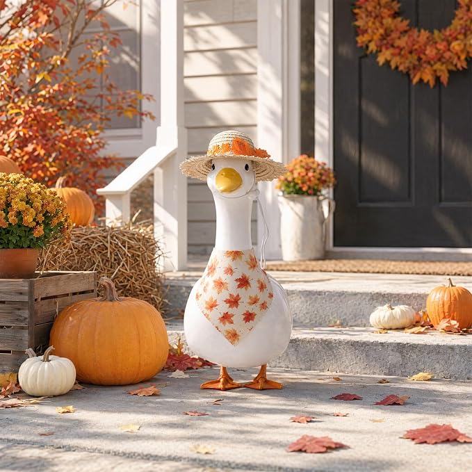 2Pcs Fall Outfit for Porch Goose - Autumn Maple Leaf Bowknot Straw Hat with Bib Accessories for 23'' Cement Statue, Garden Lawn Thanksgiving Halloween Outdoor Decoration