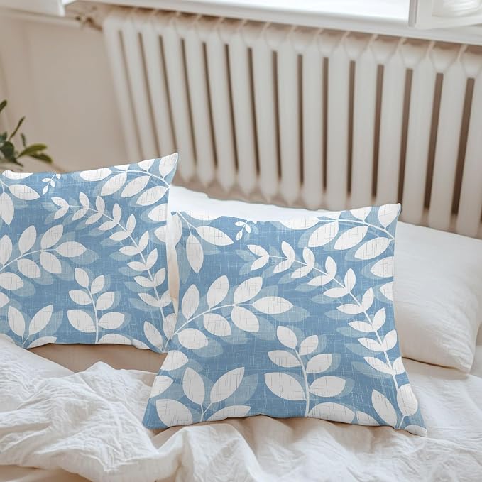 Sky Blue Leaves Outdoor Waterproof Throw Pillow Covers 26x26 Set of 2, Farmhouse Botanical Branch Vintage Boho Leaf Decorative Pillowcases Cushion Pillowcase for Couch Sofa Patio Pillow Protector