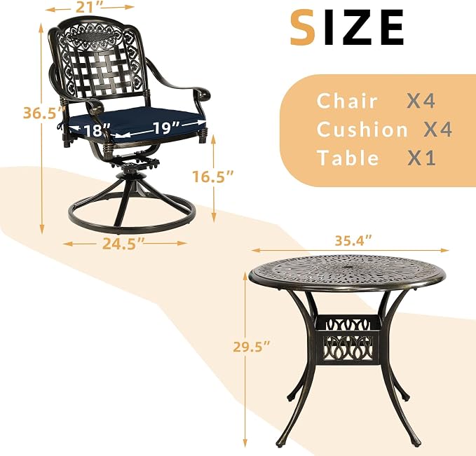 5 Piece Patio Dining Set, Outdoor Table and Chairs Set for 4 Cushioned Swivel Rocking Chairs and 35.4'' Round Table, All-Weather Cast Aluminum Patio Funiture Set, 2'' Umbrella Hole, Navy
