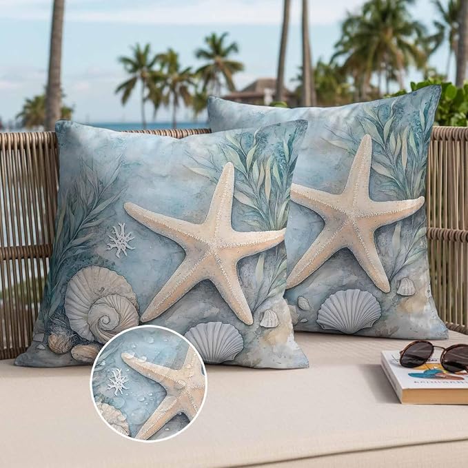 Ocean Coral Outdoor Waterproof Throw Pillow Covers Set of 2, 26"x26", Shell Starfish Plant Leaf Coastal Rustic Decorative Pillow Covers Outside Cushion Case for Patio Porch Garden