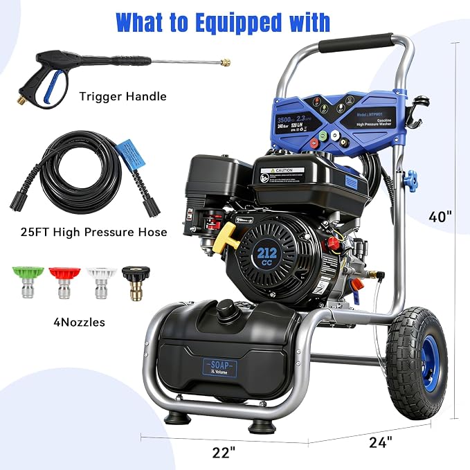 3500PSI Gas Pressure Washer, 212CC / 2.3GPM / 7HP / 4-Stroke Gas Power Washer with 4 Quick Connect Nozzles, 25FT Hose, Soap Tank, Gas Powered Pressure Washers for Driveways Decks Cars Paint Prep