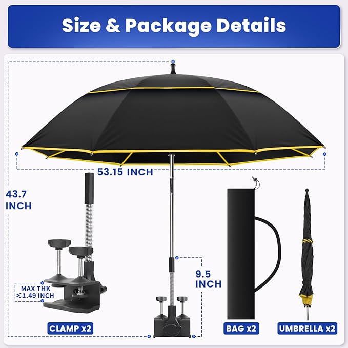 Chair Umbrella with Clamp,2PACK 53 inches Double Canopy Beach Chair Umbrella with Universal Clamp,50+ UV Protection,360° Swivel,Folding Clip on Sun Umbrellas for Table,Camping,Bench Chairs,Golf Cart