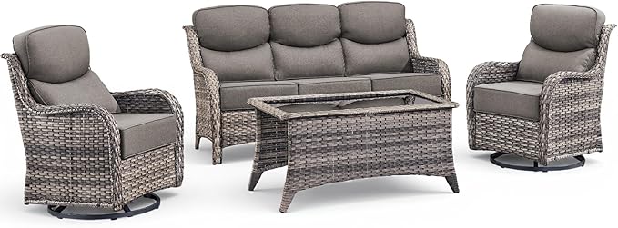 Luxury 4 Pieces Patio Furniture Set-Outdoor Swivel Rocker Patio Chairs with 6" Extra Thick Cushions, High Back Outdoor Couch and Coffee Table, Wicker Conversation Sets for Porch Deck(Grey/Grey)
