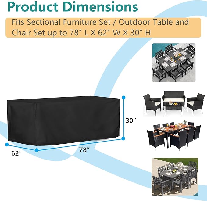 Patio Dining Table Sets Cover, Outdoor Dining Furniture Set Cover for Table with 6-8 Chairs, Patio Furniture Set Cover for 4-Piece Conversation Set, Waterproof and Windproof, 78" L× 62" W× 30" H