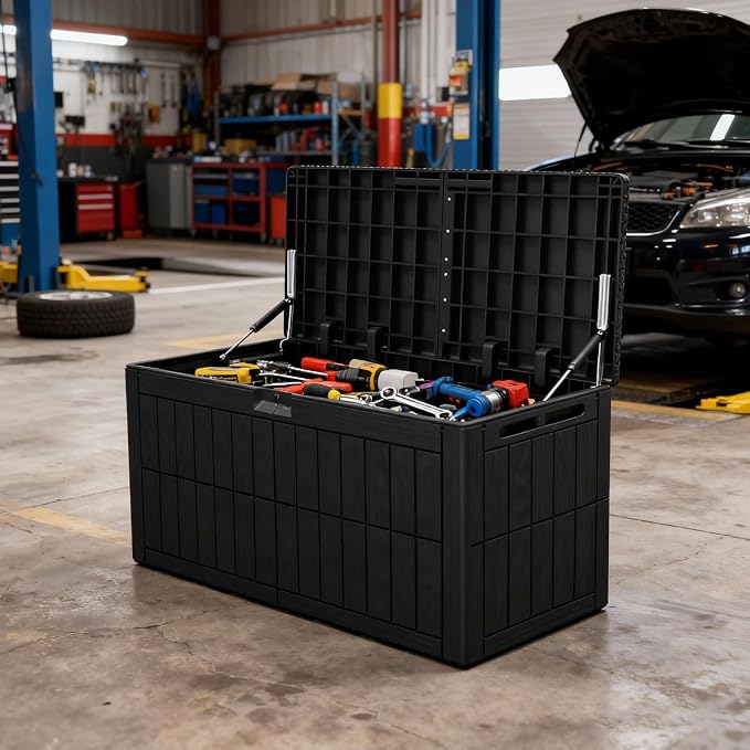 Outdoor Storage Box, Lockable Deck Box, 100 Gallon Resin Storage Bin for Patio Furniture and Garden Tools