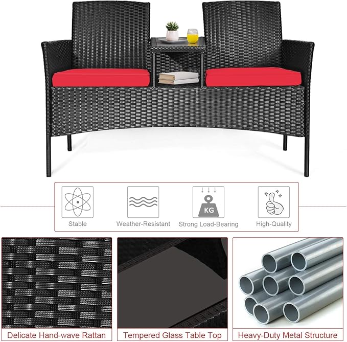 DORTALA Outdoor Patio Loveseat, Wicker Conversation Set with Cushions and Built-in Coffee Table, 2 Person Rattan Seating for Garden Lawn Backyard, Black+Red