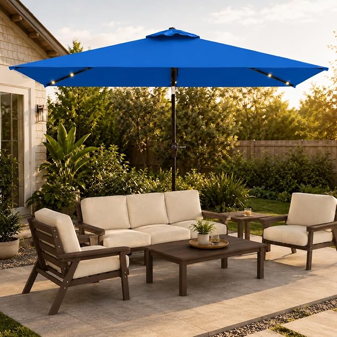 6.5 x 10ft Rectangular Patio Umbrella with Solar Lights, 16 LED Lighted Market Umbrella with Push-Button Tilt and Crank, 6 Sturdy Iron Ribs for Garden, Deck, Pool, Royal Blue