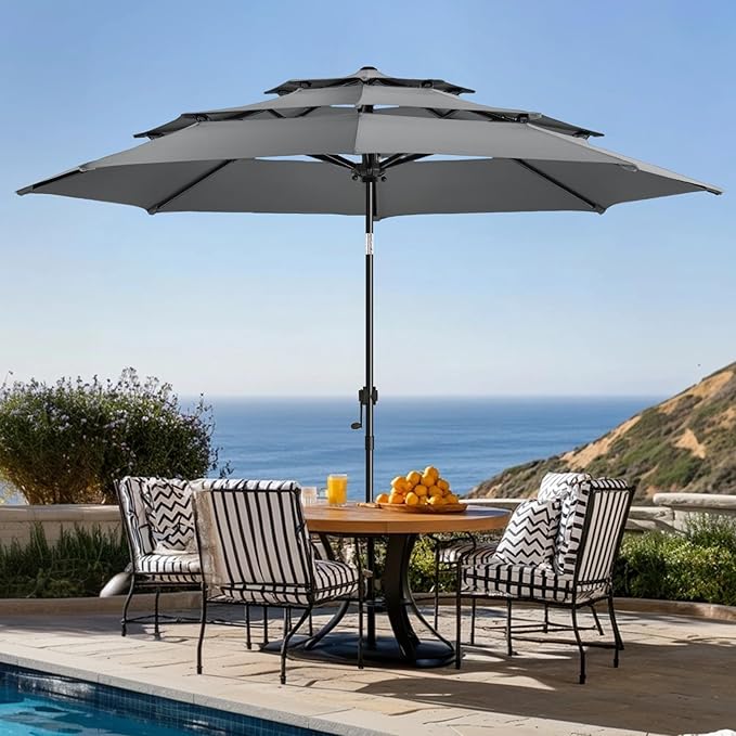 wikiwiki 10ft 3-Tier Patio Umbrella Outdoor Table Market Umbrella for Patio with Push Button Tilt/Crank, Fade Resistant Waterproof POLYESTER Canopy for Garden, Lawn, Deck, Backyard & Pool, Dark Gray