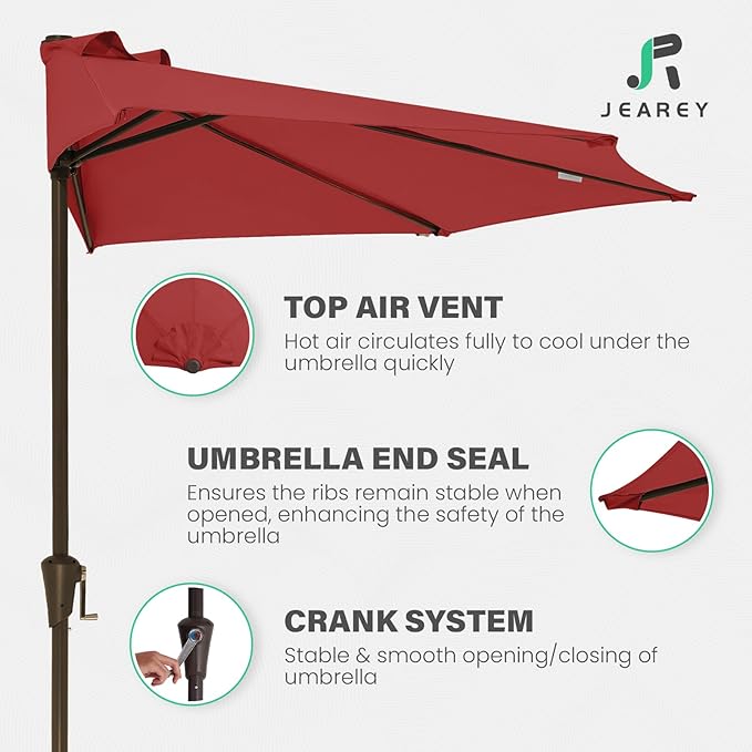 JEAREY 9ft Half Umbrella Outdoor Patio Umbrella Market Umbrellas with Crank, 1/2 Round Wall Umbrella 5 Sturdy Ribs UV Protection for Pool Garden Balcony Deck, Red