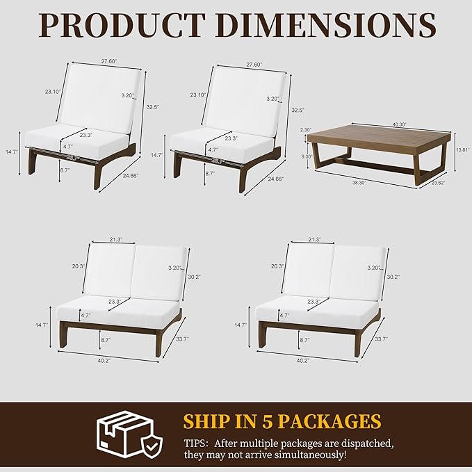 UIXE 5 Pieces All Weather Wood Patio Furniture Sets, 2 Patio Loveseat, 2 Patio Bistro Chair, Outdoor Sectional Sofa Furniture Backyard Conversation Set with Coffee Table - Beige
