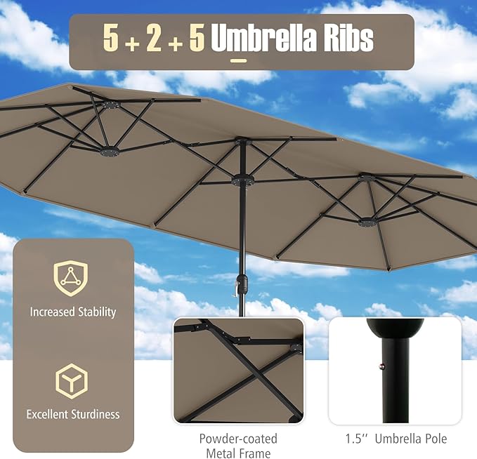 Tangkula 13FT Double-sided Patio Umbrella, Extra Large Twin Table Umbrella with Crank Handle, Umbrella Base, Safety Lock, Air Vent, Outdoor Market Umbrella for Garden Pool Backyard (Tan)