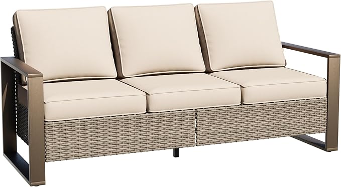75" Patio Metal Wicker Sofa, All Weather Outdoor Rattan 3-Seat Sofa Couch with Premium Cushions & Rectangular Framed Wood-Looking Metal Armrest for Garden Backyard Porch Deck, Beige