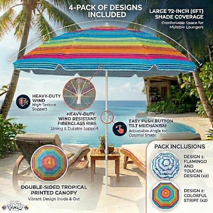 PMU 4 Pcs Set Beach Umbrella 72in Open – Tropical Flamingo Print & Rainbow Stripe, 160G Polyester Large Outdoor Patio Pool Parasol Umbrella for Garden, Deck, Backyard & Pool
