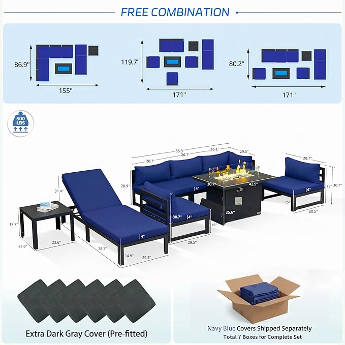 NICESOUL 8 Piece Large Modern Aluminum Patio Furniture Set, Fade Resistant Modular Outdoor Conversation Set with Lounge & Fire Pit Table, 500 lbs Durable Modular Sectional Sofa for Garden, Navy Blue