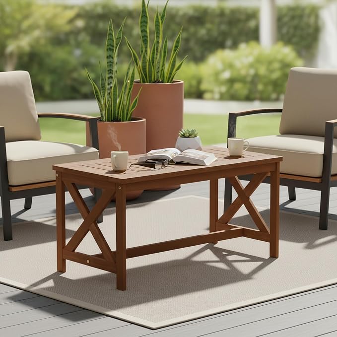 Furinno TIOMAN Outdoor Patio Coffee Table, Small Wood Outdoor Table with X-Frame Design, Teak Oil Finish Patio Side Table for Garden, Porch, Deck or Balcony, Light Wood