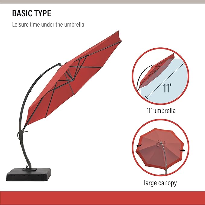 LAUSAINT HOME 11ft Patio Cantilever Umbrella with Base Included, Outdoor Curvy Round Offset Umbrella, Heavy Duty Aluminum, 360° Rotation for Pool, Deck, Lawn, Backyard (Red)