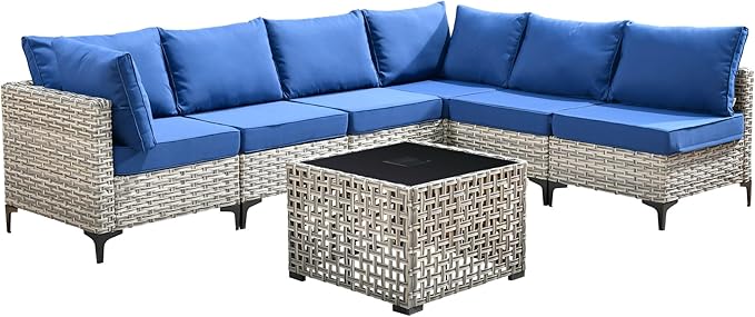 Outdoor Patio Furniture Sets,7 PCS Patio Conversation Set Outside Rattan Sectional Sofa with Coffee Table Fit Backyard Porch Garden Poolside Balcony