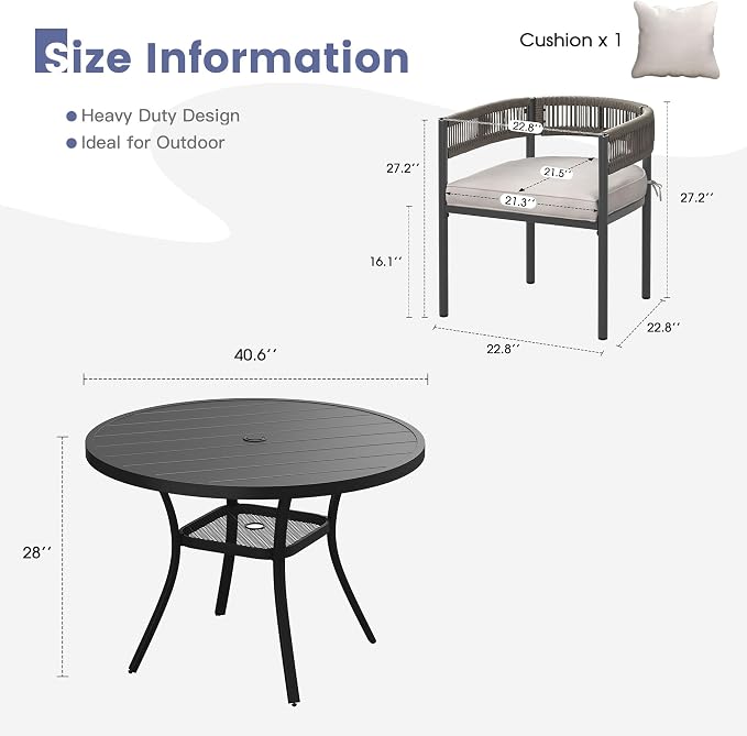 VICLLAX Patio Dining Set, 40.6" Black Table & 4 Chairs with Wheat Cushion | Outdoor Table and Chairs Set of Round Metal Patio Table, Outdoor Dining Chairs with Metal Frame, Garden Deck Porch