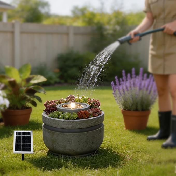 Solar Powered Outdoor Water Fountain with Succulent Planter, Round Modern Garden Fountain with LED Lights & IP64 Waterproof for Patio, Backyard, Deck, and Balcony, Zen Water Feature