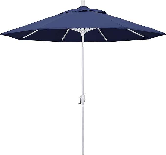 California Umbrella 9' Round Aluminum Market Umbrella, Crank Lift, Push Button Tilt, White Pole, Navy Blue Olefin