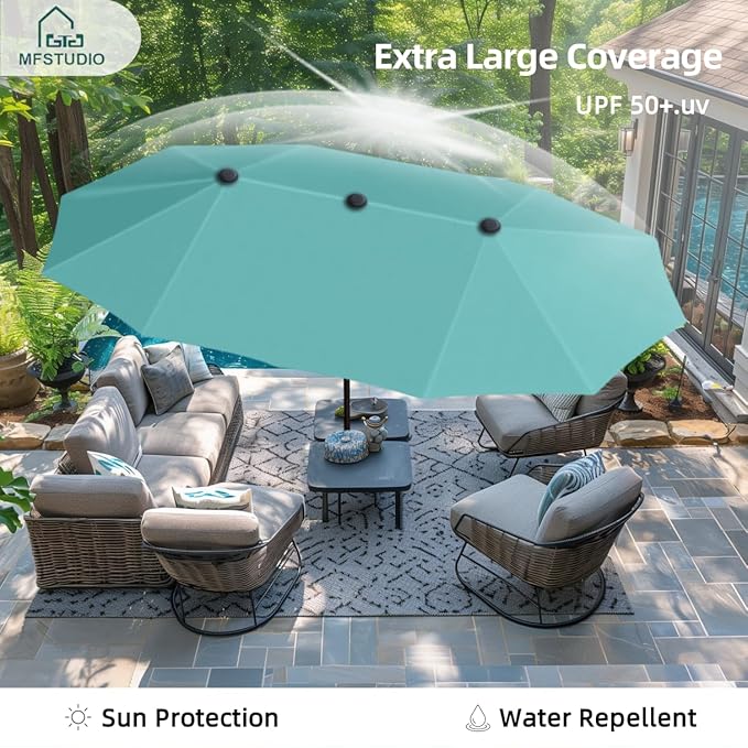 MFSTUDIO 13ft Outdoor Patio Umbrella, Double Sided Large Rectangular Umbrella Market Table Twin Triple Rectangle Umbrellas with Crank Handle for Outside Picnic Backyard Deck Pool (no base)