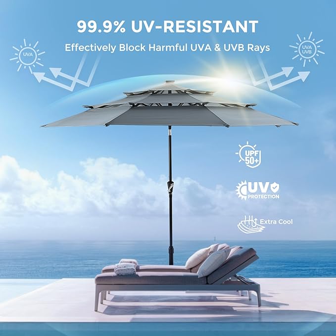 HOMSHADE 9FT 3-Tier Solar Patio Umbrella Heavy Duty,Vented Market Table Umbrella Windproof w/32 LED Lights,UPF50+,5-Year Fade Resistant,8 Thicker Ribs for Pool,Lawn,Garden,Deck (Grey,No Base)