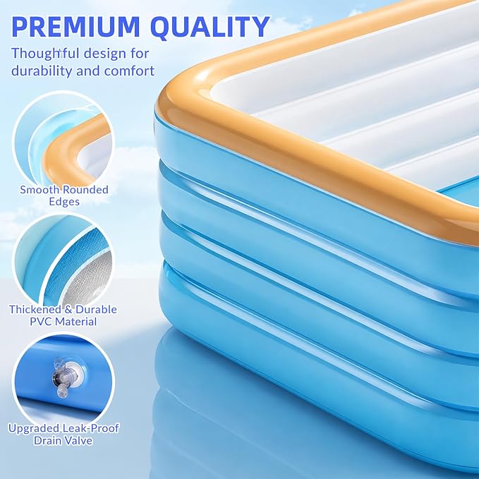 118" Deep Large Inflatable Pool with Removable Pool Canopy & Inflatable Pump, Backyard Family Pool, Outdoor Blow Up Pool for Adults & Kids, Summer Shaded Backyard Pool for Water Party
