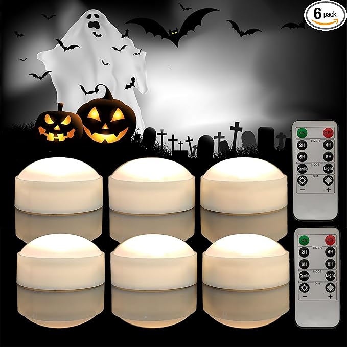 6 PCS Halloween Pumpkin Lights with Remote and Timer Battery Operated LED Bright Flickering Flameless Candle Set Bulk for Jack-O-Lantern Décor Halloween Party Home Spooky Decorations, White Color