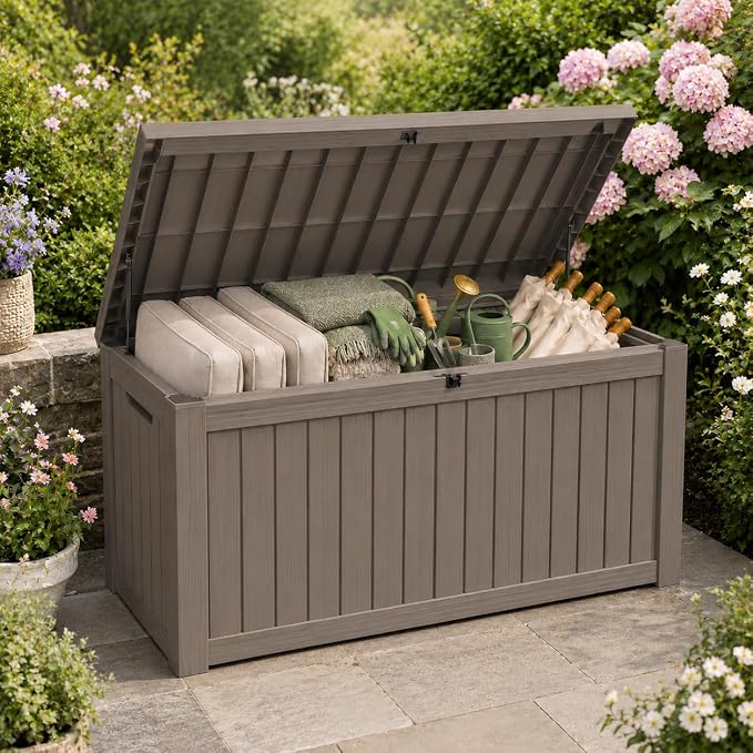 182 Gallon Outdoor Deck Storage Box, Large Waterproof Resin Patio Storage Box, Lockable Bench Seat Holds 2 Adults, for Garden Tools, Cushions & Pool Floats, UV & Rust Resistant, Gray Brown