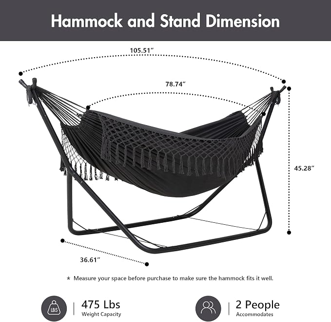 ANOW Double Space Saving Hammock with Stand, Dark Gray with Tassels | Height Adjustable, Portable, Heavy-Duty Steel Stand, Indoor Outdoor Use, 475 Lbs Capacity