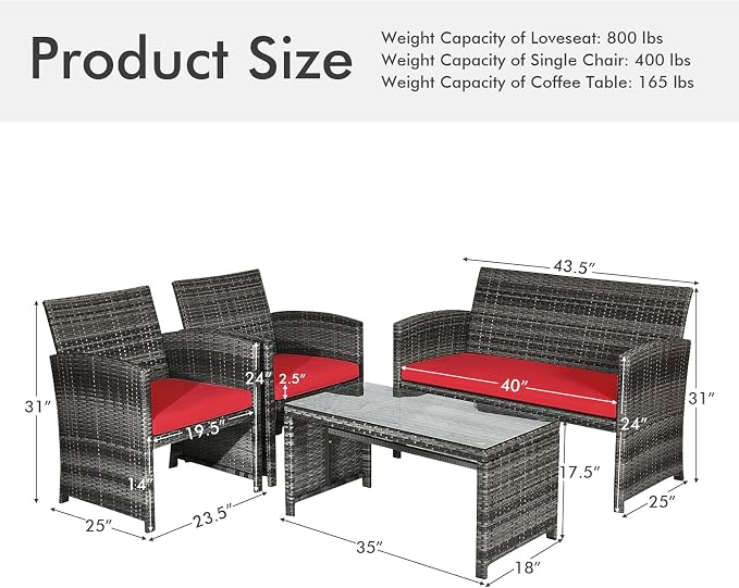 Outdoor Conversation Set, 8 Pieces Wicker Patio Chair Set with Ergonomic Curved Design, Water-Resistant Cushion & Tempered Glass Table for Porch, Poolside (Red)