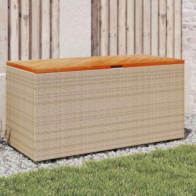 Patio Storage Box Beige 43.3"x19.7"x21.3" Poly Rattan Acacia Wood Bench Seat with Waterproof Bag