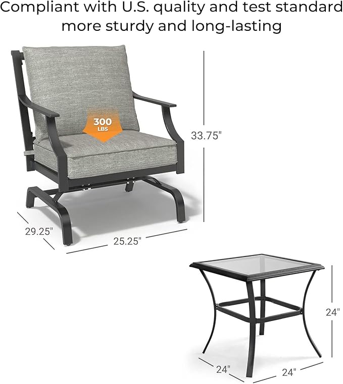 Grand patio 3-Piece Furniture Seating Motion Chairs Set Outdoor Bistro Set Patio Conversation Sets Glider Rocking Chair with Comfortable Gray Cushions Square Coffee Table for Garden Lawn & Poolside