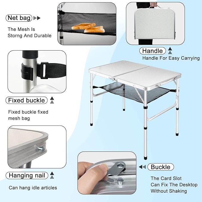 Medium Folding Table, 35" x 24" Portable Camping Table with 2 Adjustable Height Max 28", 3FT Foldable Table with Storage Net, White Metal Table for Patio, BBQ, Camping and Backpacking